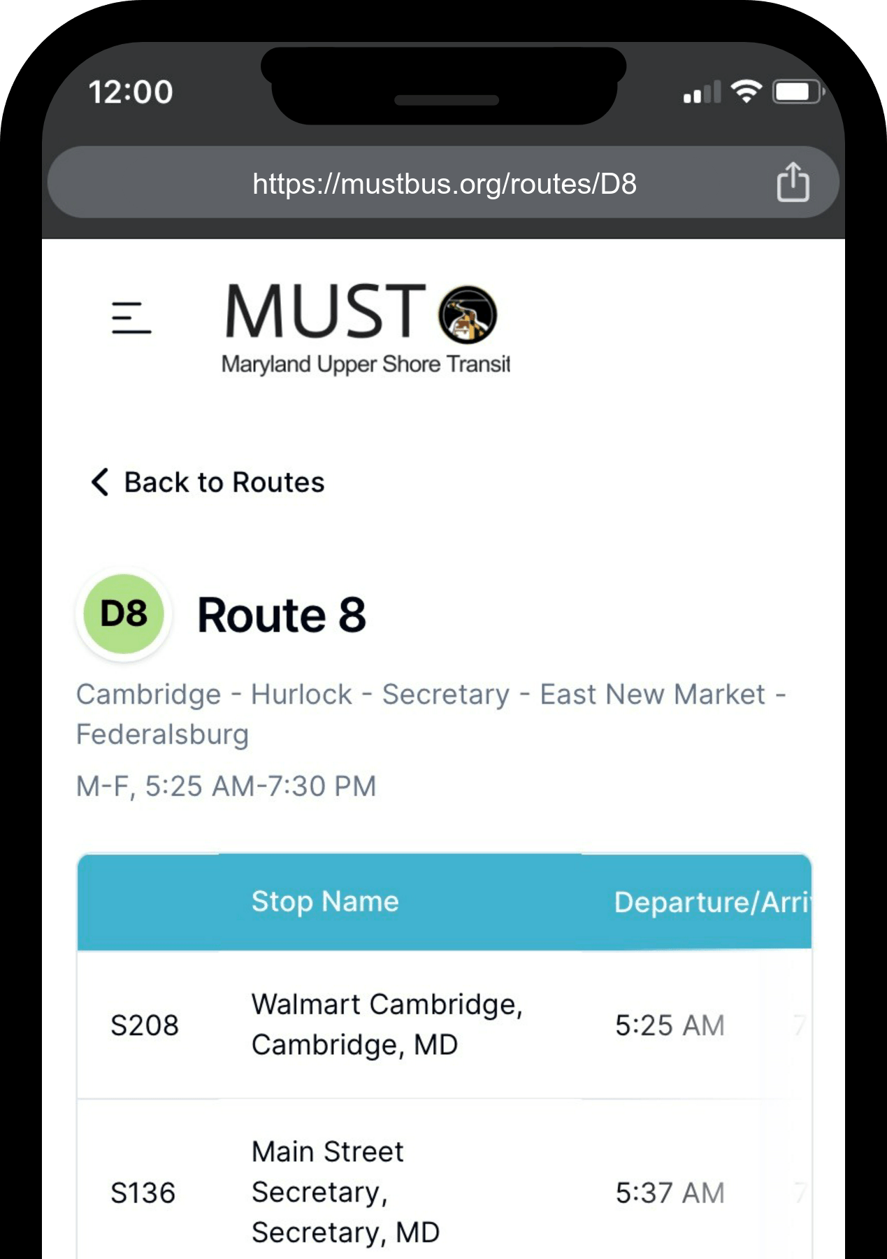 Sample of routes and schedules