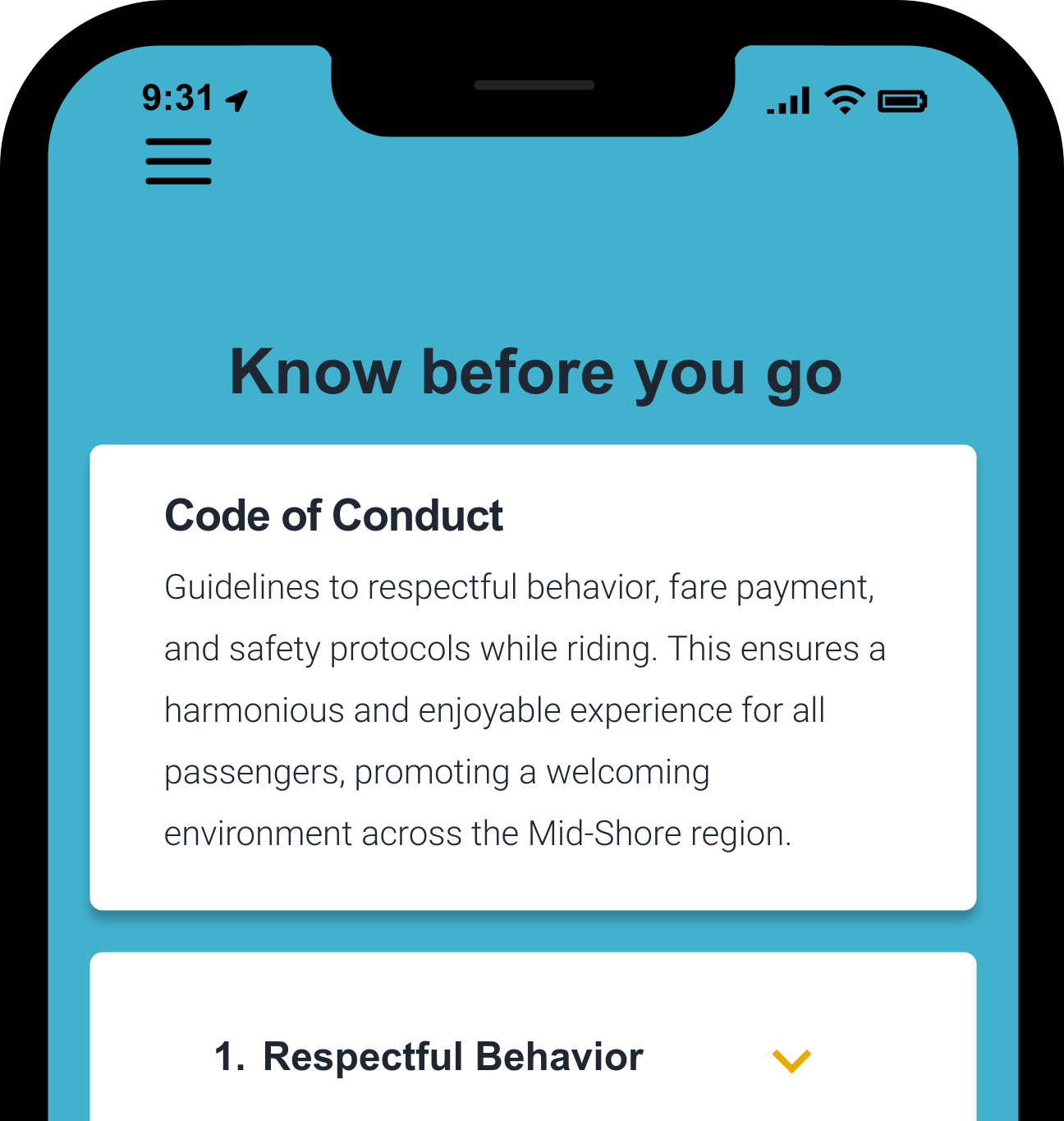 Sample mobile web page with a code of conduct